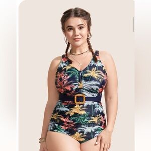 BNWT BloomChic Tropical Print Belted One Piece Bathing Suit
